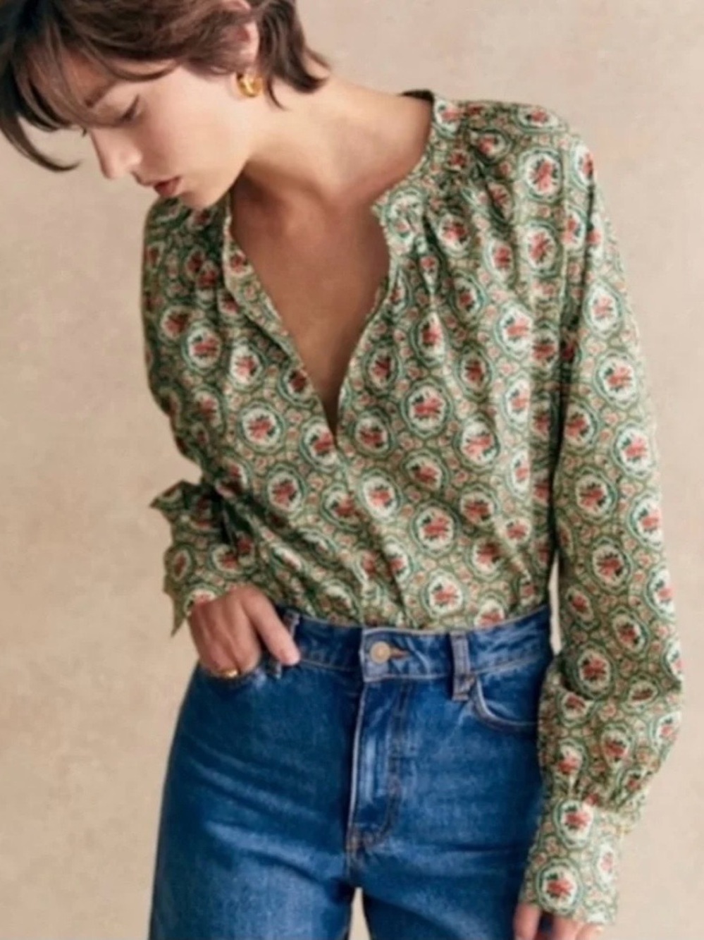 NWT Sézane Carla Blouse in Green Floral Medalion Print Size 38 (US 6)